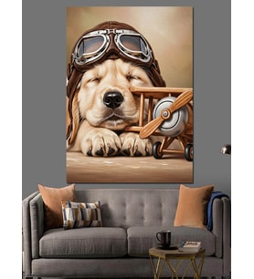 Pilot Şapkalı Köpek Yavrusu Dekoratif Kanvas - Mdf Ahşap Tablo
