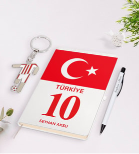 BK Gift Kişiye Özel Kırmızı-Beyaz Tasarımlı İsimli Defter kalem ve Formalı Metal Anahtarlık Model 2