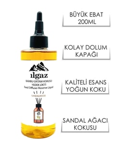 Sandal Ağacı Oda Kokusu Yedek Likit Şişe 200 Ml  Doğal Bambu Çubuklu Oda Kokusu