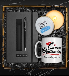 Öğretmenler Gününe Özel Tasarım Kupa & Kişiye Özel Defter & Deri Kılıflı Touch Pen Kalem & Özel Tasarım Mum Hediye Seti (Kırmızı)