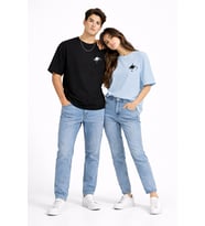 Sevgili Kombini Minimal Uzay Gezegen Baskılı Çift Tişört Oversize Unisex Partner Tişört 2'li Set (Çok Renkli)