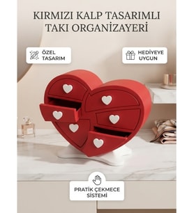 Kırmızı Kalp Tasarımlı Takı Organizajeri ve Dekoratif Çekmeceli Kutu