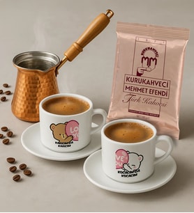 BK Gift Karıcım-Kocacım Tasarımlı 2'li Türk Kahvesi Fincanı & Bakır Cezve & Türk Kahvesi Seti-2, Arkadaş Hediye, Sevgiliye Hediye