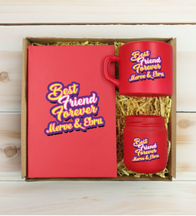 BK Gift Kişiye Özel İsimli DTF Best Friend Temalı Kırmızı Defter & Kahve Fincanı & Mum Hediye Seti-3, Arkadaşa Hediye, Doğum Günü Hediyesi