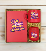 BK Gift Kişiye Özel İsimli DTF Best Friend Temalı Kırmızı Defter & Kahve Fincanı & Mum Hediye Seti-3, Arkadaşa Hediye, Doğum Günü Hediyesi