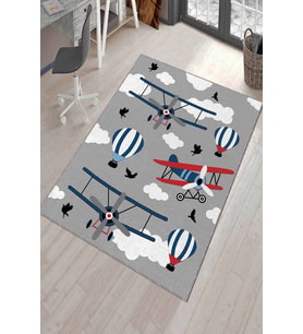 Gri Kaymaz Tabanlı Yıkanabilir Uçaklı Çocuk Halısı AR1025