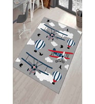 Gri Kaymaz Tabanlı Yıkanabilir Uçaklı Çocuk Halısı AR1025