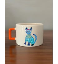 Mavi Kedi Baskılı Turuncu Kulplu C Kupa (Beyaz)