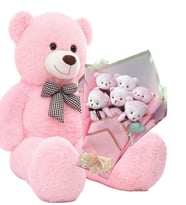 Sevimli 90 cm Peluş Ayı ile  Pembe Konsept Romantik Peluş Ayıcık Buketi (Açık Pembe)