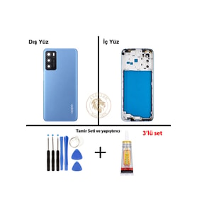 Oppo A16 Mavi Uyumlu Lensli Orta Kasa + Yapıştırıcı ve Vida Seti Full Kasa Kapak Gövde Housing
