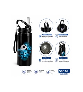 Alüminyum Matara 500 ML Çocuk Su Matarası Pipetli Sızdırmaz Dayanıklı Taşıma İpli
