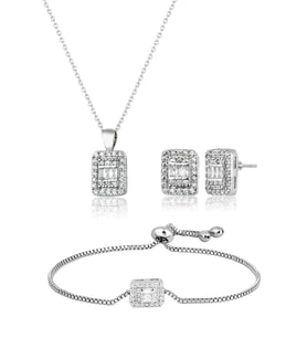 Elika Silver Kadın Baget Taşlı Kolye Küpe Bileklik Set (STD)