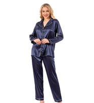 Biyeli Uzun Kol Saten Önden Düğmeli Pijama Takımı  Lacivert  7647
