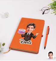 BK Gift Kişiye Özel Erkek Doğum Günü Karikatürlü Turuncu Termo Deri Defter Kalem Seti Model 2