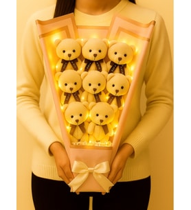 Led Işıklı Pembe Beyaz Peluş Ayıcık Buketi Büyük Boy 9 Adet Peluş Ayıcıklı Eşe Arkadaşa Sevgiliye Hediye Anneler Günü