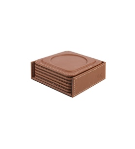 Bardak Altlığı,6’lı Set,Masaüstü Yuvarlak Cup Coaster,Vegan Suni Deri,11x11 cm.,Taba