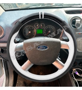 Ford C-Max Dikme Direksiyon Kılıfı Parlak Siyah Beyaz Detaylı Beyaz Çift Yüzük ve Dikiş 2007-2010