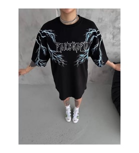 Unisex Bisiklet Yaka Baskılı Oversize T-Shirt - Siyah