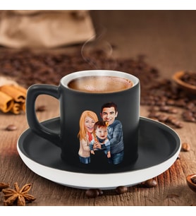 BK Gift Kişiye Özel Aile Karikatürlü Siyah Renk Türk Kahvesi Fincanı-2, Arkadaşa Hediye, Aileye Hediye, Yıl Dönümü Hediyesi