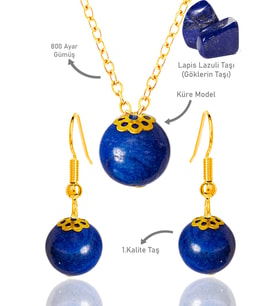 Sertifikalı Gold Küre Model Lapis Lazuli Taşı Kolye ve Küpe Seti - Gümüş Aparatlı (Çok Renkli)