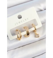 Pirinç Zirkon Taşlı Halka Model Gold Renk 3'lü Çift Kadın Küpe Set 5886 - SSSSSS5742-15