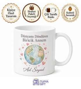 İsme Özel Dünyayı Döndüren Anne Yazılı Kupa Bardak Hediye