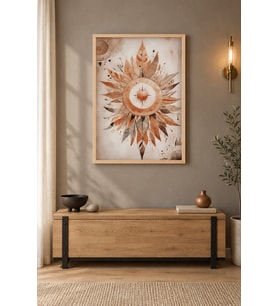 Boho Güneş Yapraklı Mandala Ahşap Çerçeveli Duvar Tablosu