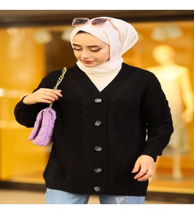 Oversize Kadın Tesettür Triko Hırka Siyah