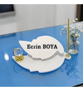 Sümen Ofis için Doğal Beyaz Mermer Yaprak İsimlik Gold Tasarımlı Kalem ve Dünya Küre
