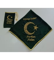 İsimli Asker Şalı Kına Şalı Asker Yareni O Şimdi Asker Nakış İşlemeli Şifon Kumaş Omuz Örtüsü İsimli Eldiven (Yeşil-Altın)