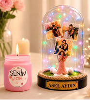 Kişiye Özel Yazılı 3 Fotoğraflı Renkli LED Işıklı Fanus (şans melekli) ve Cam Kokulu Mum Seti
