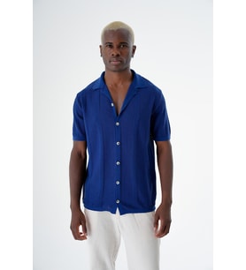 Chuba Erkek Desenli Kısa Kollu Regular Fit Triko Gömlek Navy 24S267 (Saks)