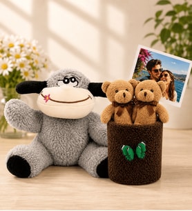 Kişiye Özel Fotoğraflı 2'li Peluş Ayıcık Buketi ve Peluş Eşek Hediye Seti