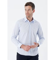 Koyu Mavi Uzun Kollu Bez Ayağı Sert Yaka Cepsiz Pamuklu Basic Slim Fit Dar Kesim Gömlek 1004235357