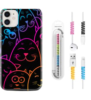 Apple iPhone 11 12 13 Mini Kılıf Kablo Koruma Spiral Silikon Neon Cats 1790
