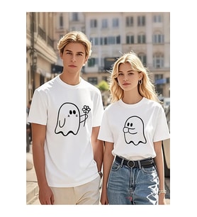 Sevgili Kombin Tişörtü Hayalet Baskılı Çift Kombini Unisex Oversize %100 Pamuk Tişört Seti
