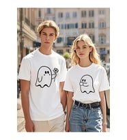 Sevgili Kombin Tişörtü Hayalet Baskılı Çift Kombini Unisex Oversize %100 Pamuk Tişört Seti