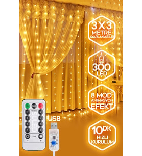 Mareluxe 300 LED'li Sarkıt Perde Işık Zinciri - 3x3m Dekoratif Led Işık Perde Süsleme ve Aydınlatma (Günışığı)