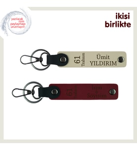 Hemşehrine Özel 61 Trabzon Temalı Deri Anahtarlık x2' li Set, Adınızı Yazdırın, Sütlü Kahve-Bordo