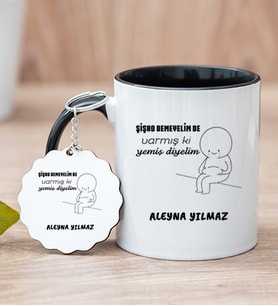 Kişiye Özel Varmış Ki Yemiş Diyelim Esprili Siyah Kupa Bardak ve Anahtarlık