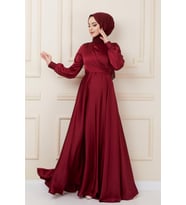 Mevlana Model Saten Tesettür Abiye/Bordo