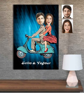 Kişiye Özel Karikatür Baskılı Ahşap Motorcu Sevgili-2 30x40