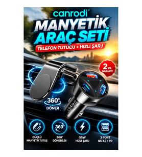 360° Döner Manyetik Araç Telefon Tutucu + 55W Quick Charge 3.0 Şarj Adaptörü 2’li Set
