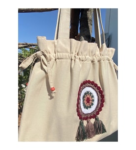 Büzgülü, Bordo/beyaz Otantik Motif Detaylı Tote Bez Omuz Çantası