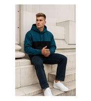 Erkek Kapüşonlu Cepli İçi Polarlı Parçalı Petrol Sweatshirt