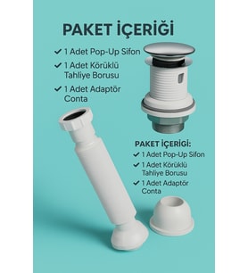 Pop-Up Lavabo Sifon Seti – Taşmalı Uyumlu, Körüklü Tahliye ve Adaptör Conta Dahil