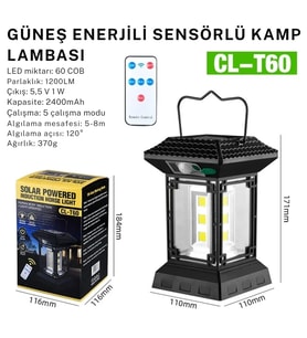 Uzaktan Kumandalı CL-T60 Solar LED Lamba - 2400mAh Pil Kapasiteli, Su Geçirmez kamp lambası