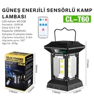 Uzaktan Kumandalı CL-T60 Solar LED Lamba - 2400mAh Pil Kapasiteli, Su Geçirmez kamp lambası