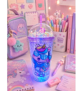 Led Işıklı Unicorn Tasarımlı Pipetli Suluk – Hediyelik Buz Görünümlü 450 ML Çift Katman 2646 Mor