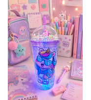 Led Işıklı Unicorn Tasarımlı Pipetli Suluk – Hediyelik Buz Görünümlü 450 ML Çift Katman 2646 Mor